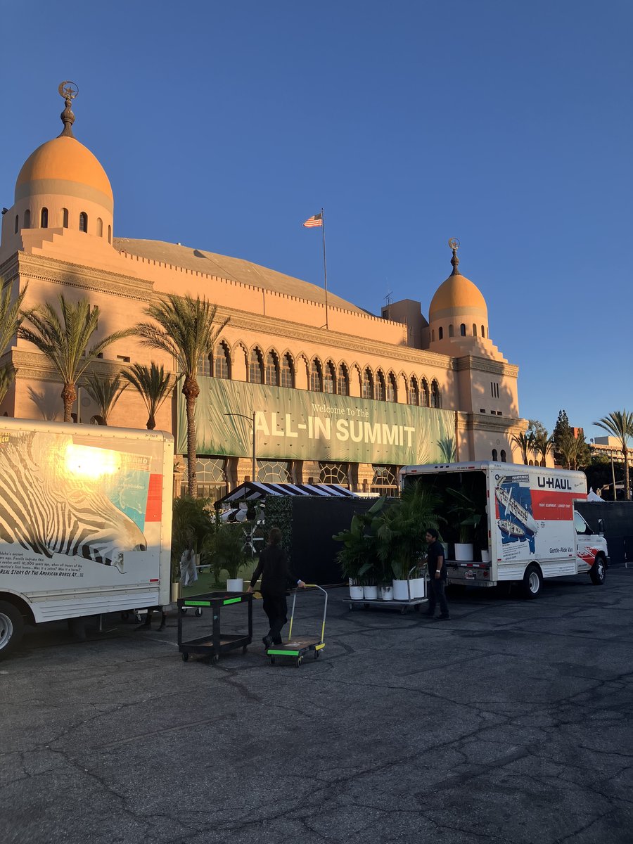 Load-in day at the Shrine Auditorium with All-In Summit banner, Los Angeles, CA