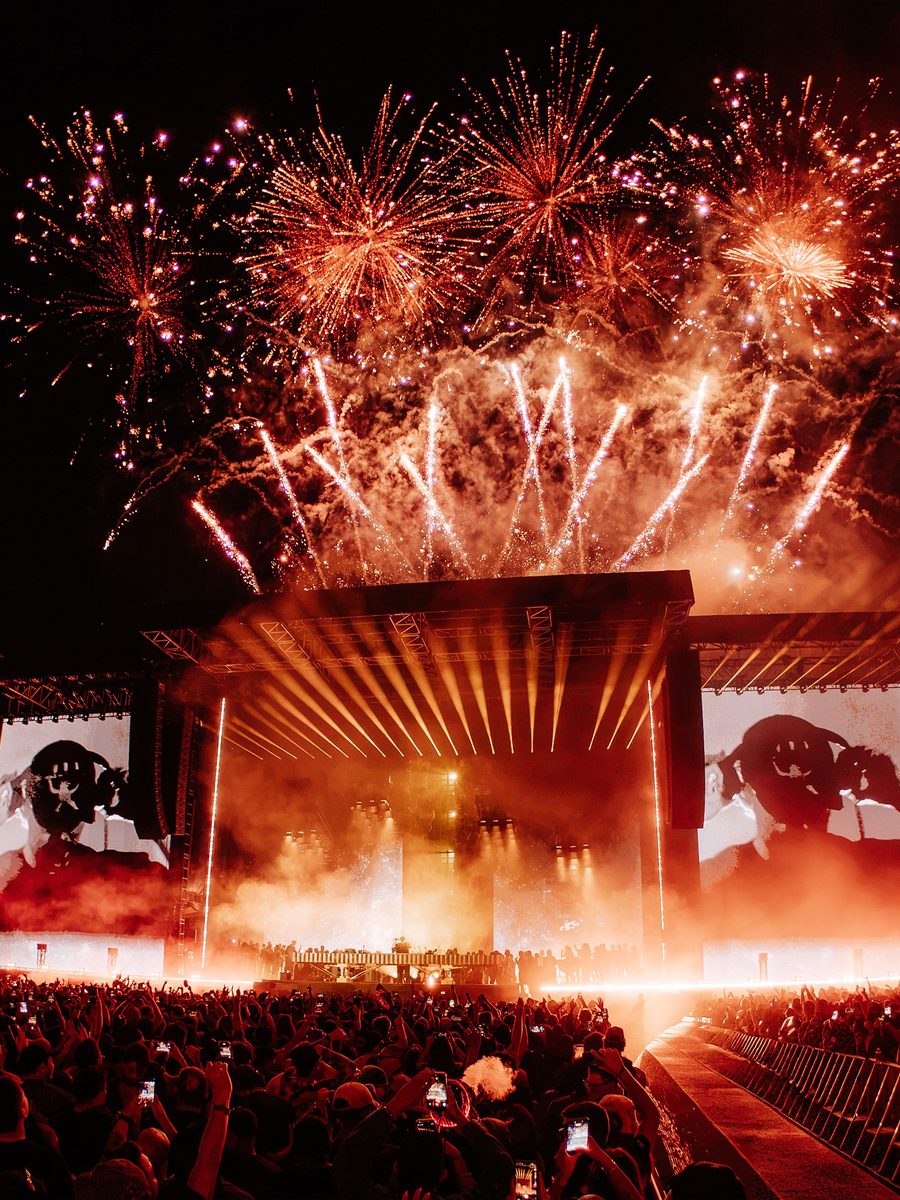 Fireworks over the main stage above a packed crowd at Dom Dolla, Flushing Meadows Corona Park, Flushing, NY