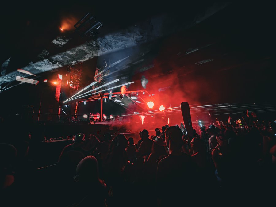 Crowd and stage with red pyro at Elements Music Festival, Long Pond, PA